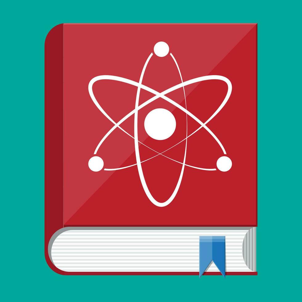 Science book and atom logo. Atom symbol on cover. Biology science education medical. Vector illustration in flat style