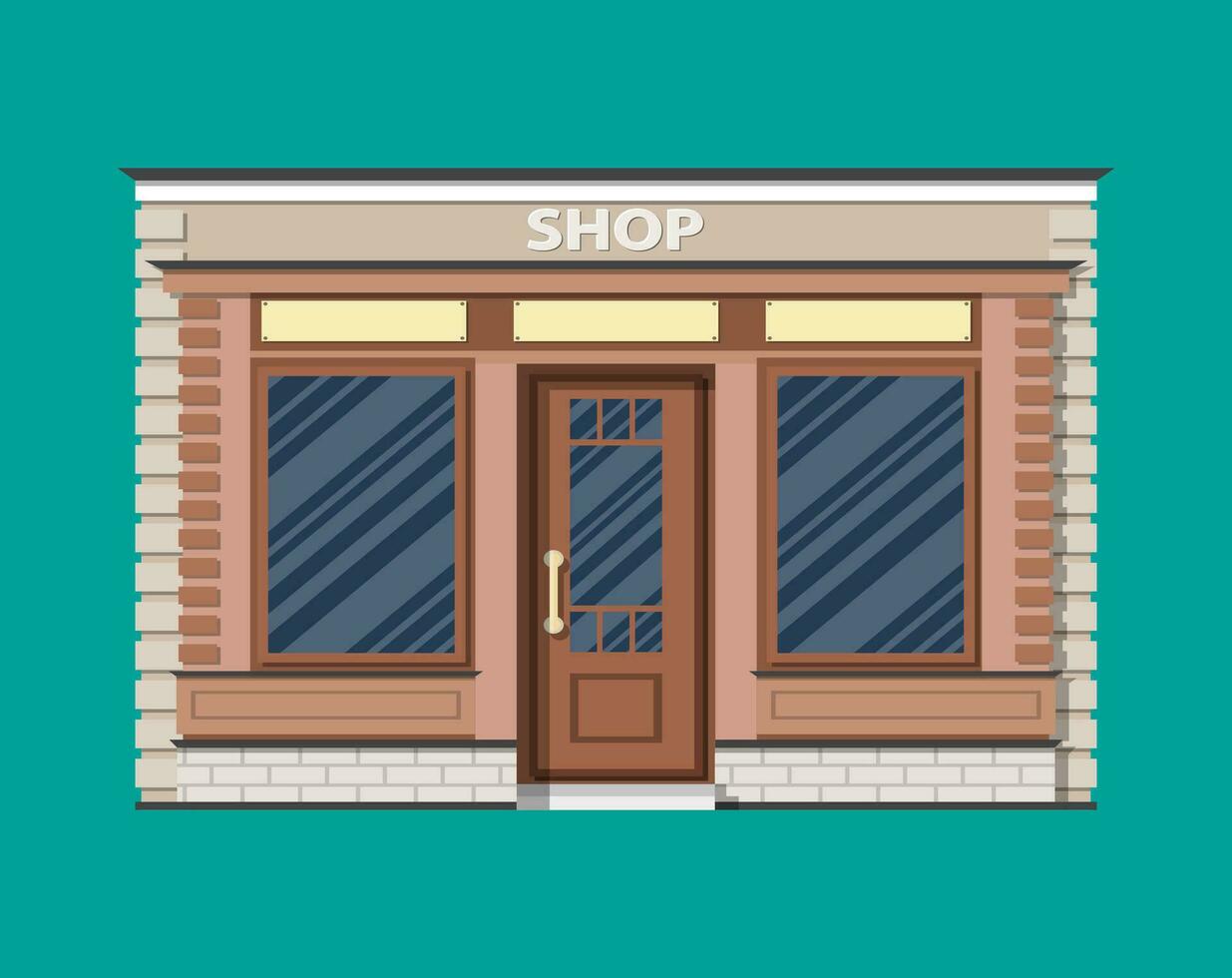 Generic shop exterior. Wooden and bricks material. Commercial, property. Vector illustration in flat style