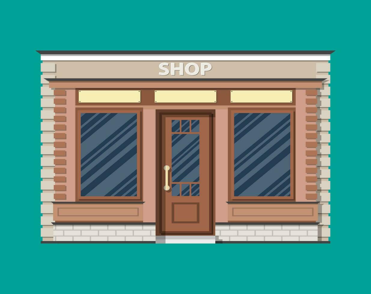 Generic shop exterior. Wooden and bricks material. Commercial, property. Vector illustration in flat style