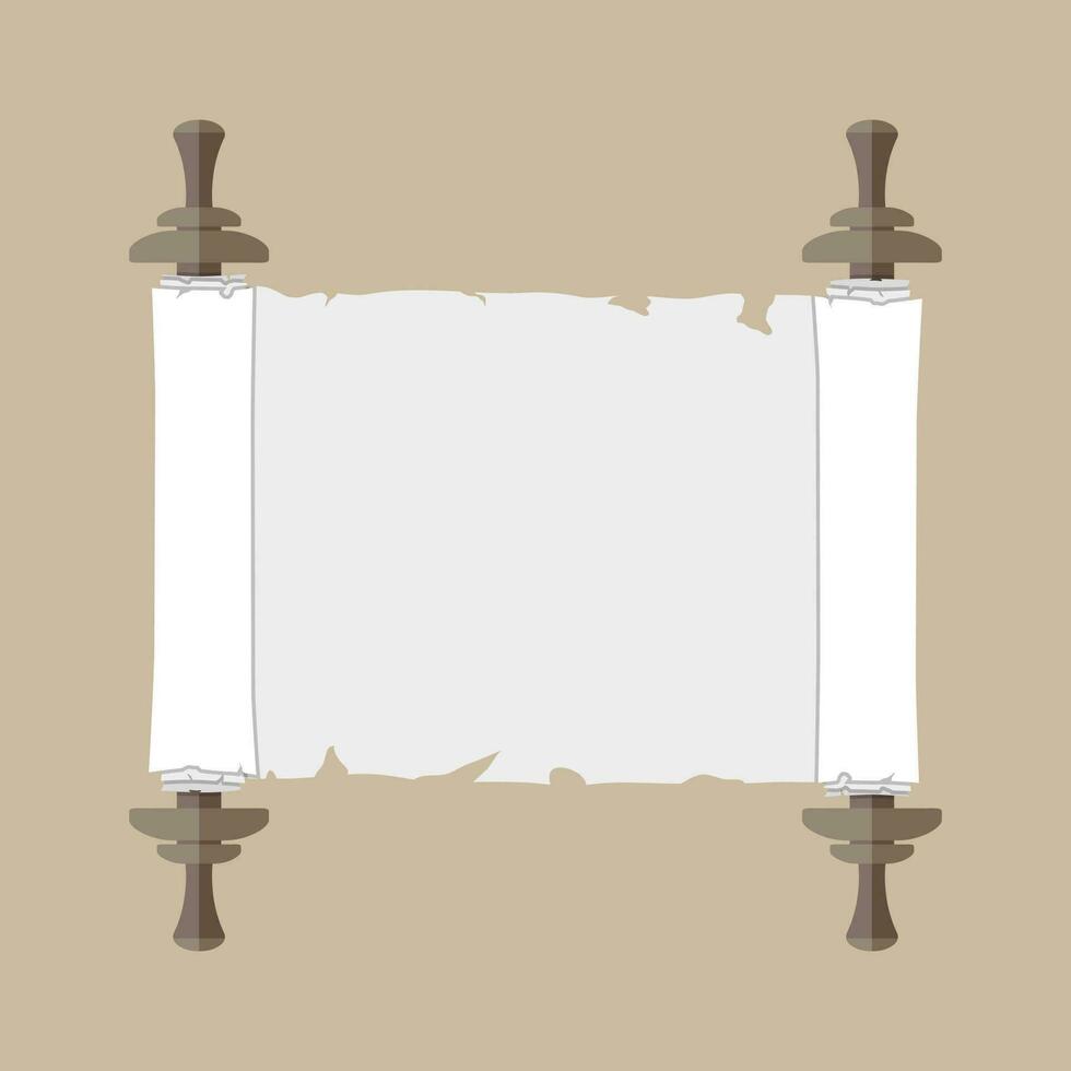 Ancient paper scroll with wooden handles. vector illustration in flat style isolated on brown background