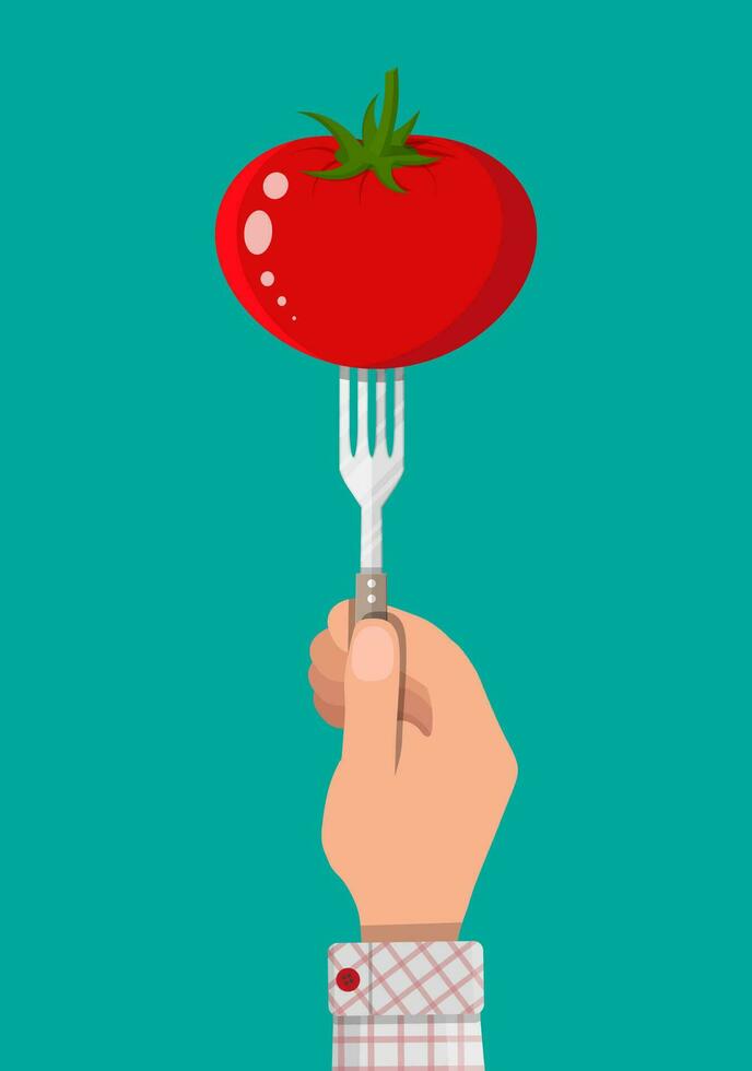 tomate vegetal en tenedor en mano. vector ilustración en plano estilo