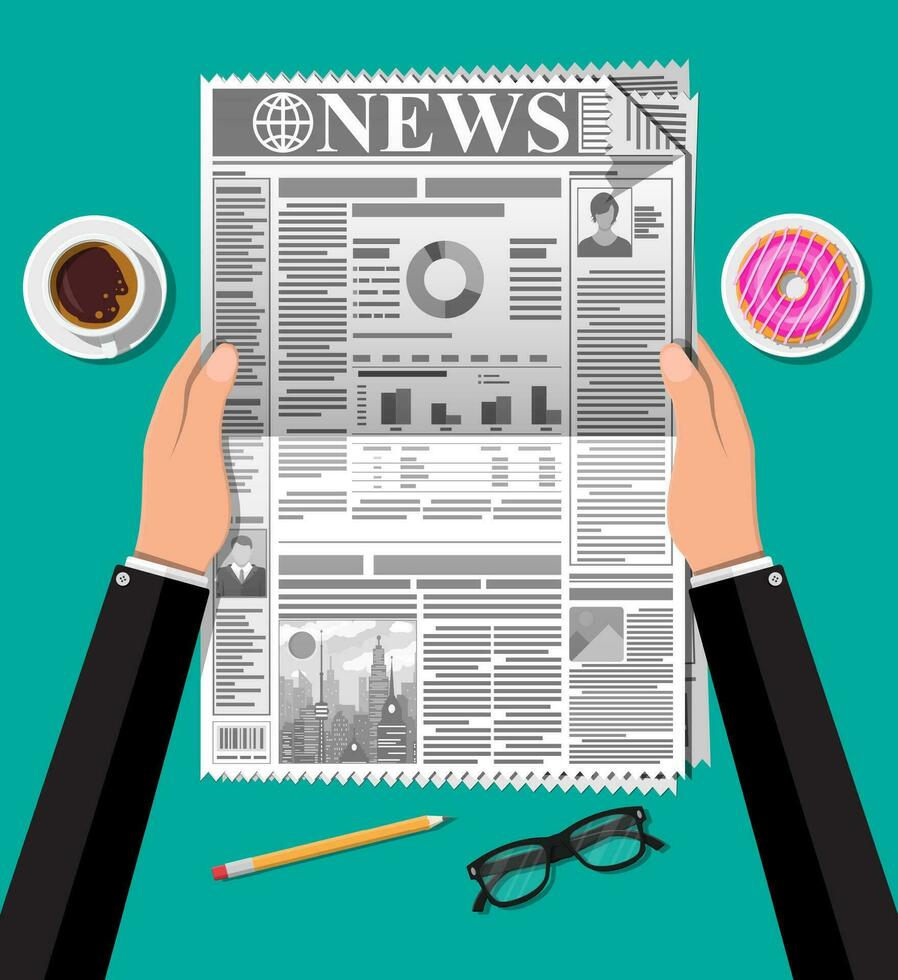 Newspaper with donut, cup of coffee, pencil. Morning business elements, breakfast, coffeebreak. Pages with headlines, images, quotes, text and articles. Vector illustration flat style