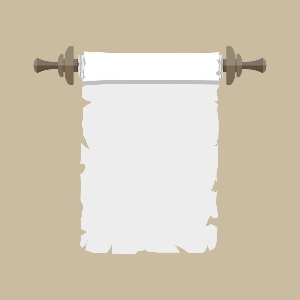 Ancient paper scroll with wooden handles. vector illustration in flat style isolated on brown background