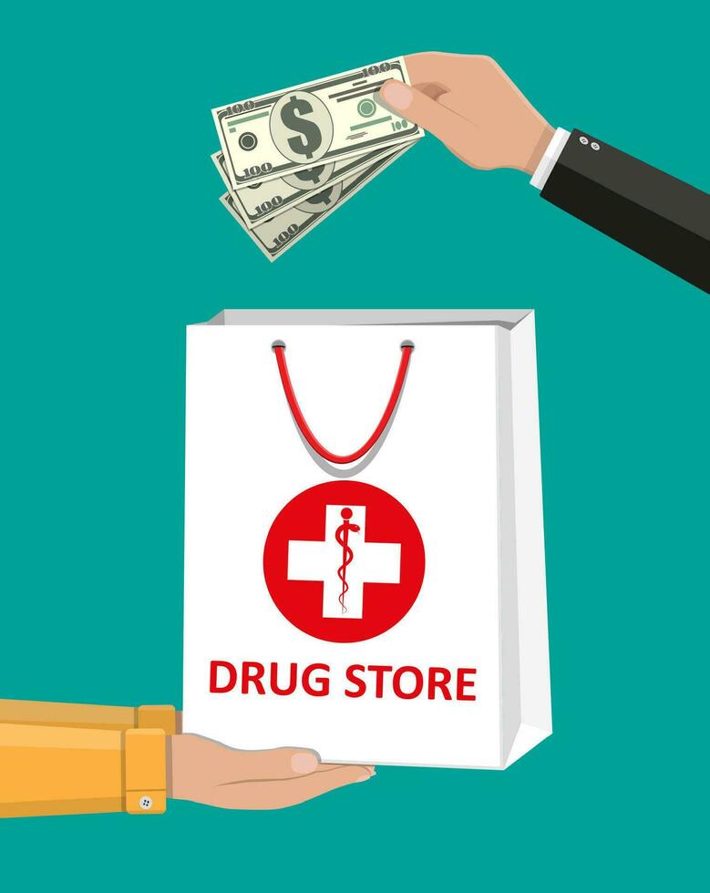 blanco compras bolso para médico pastillas y botellas, cuidado de la salud y compras, farmacia, fármaco almacenar. mano con dinero. entrega. vector ilustración en plano estilo