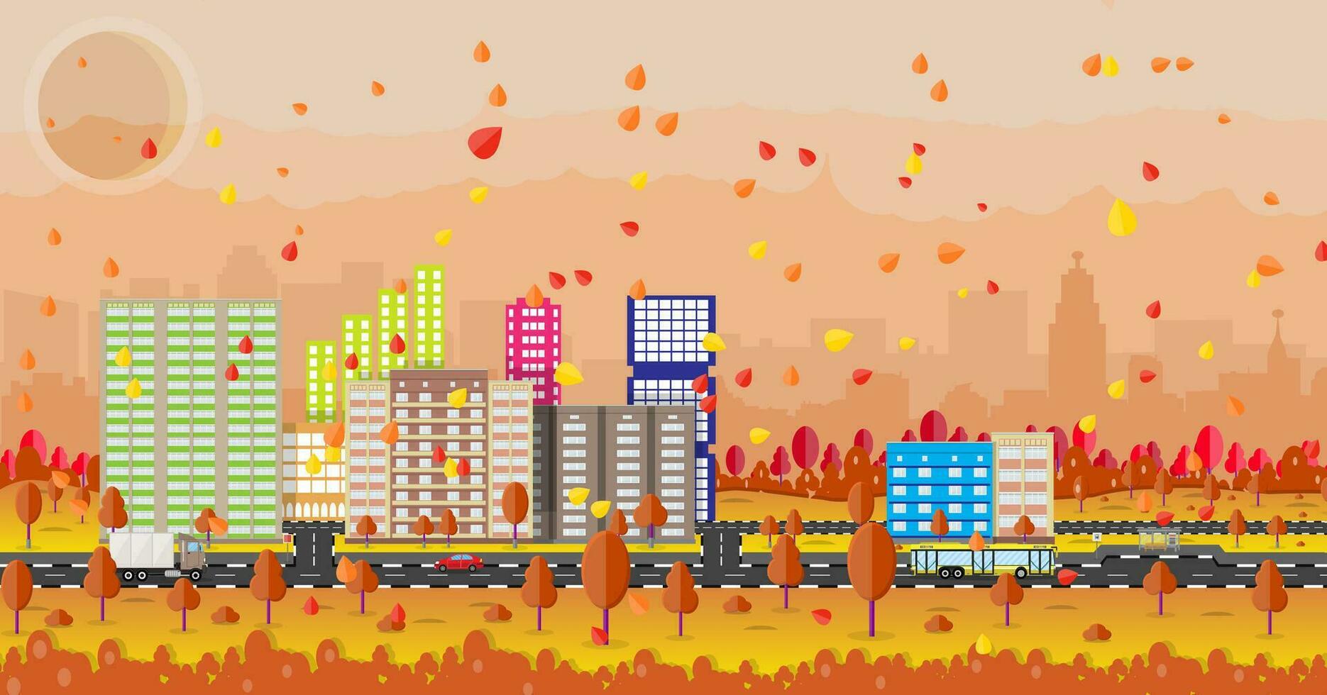 Beautiful autumn city with park alley, office and residental buildings, roads, trees. car. truck. bus, falling leaves. sky and sun. vector illustration