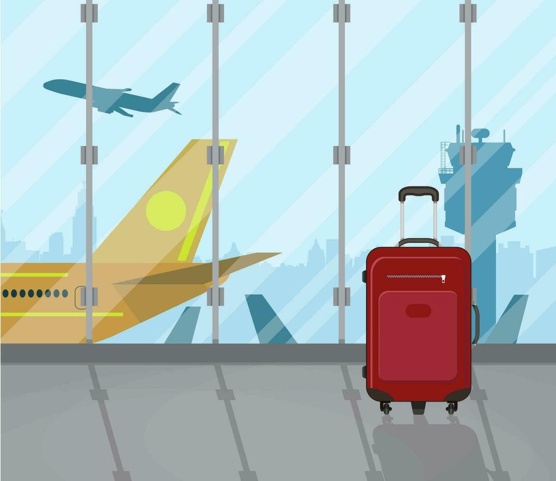 Travel suitcases inside of airport with a plane, control tower, cityscape in background. Travel, vacation, Business trip concept. Vector illustration in flat design.