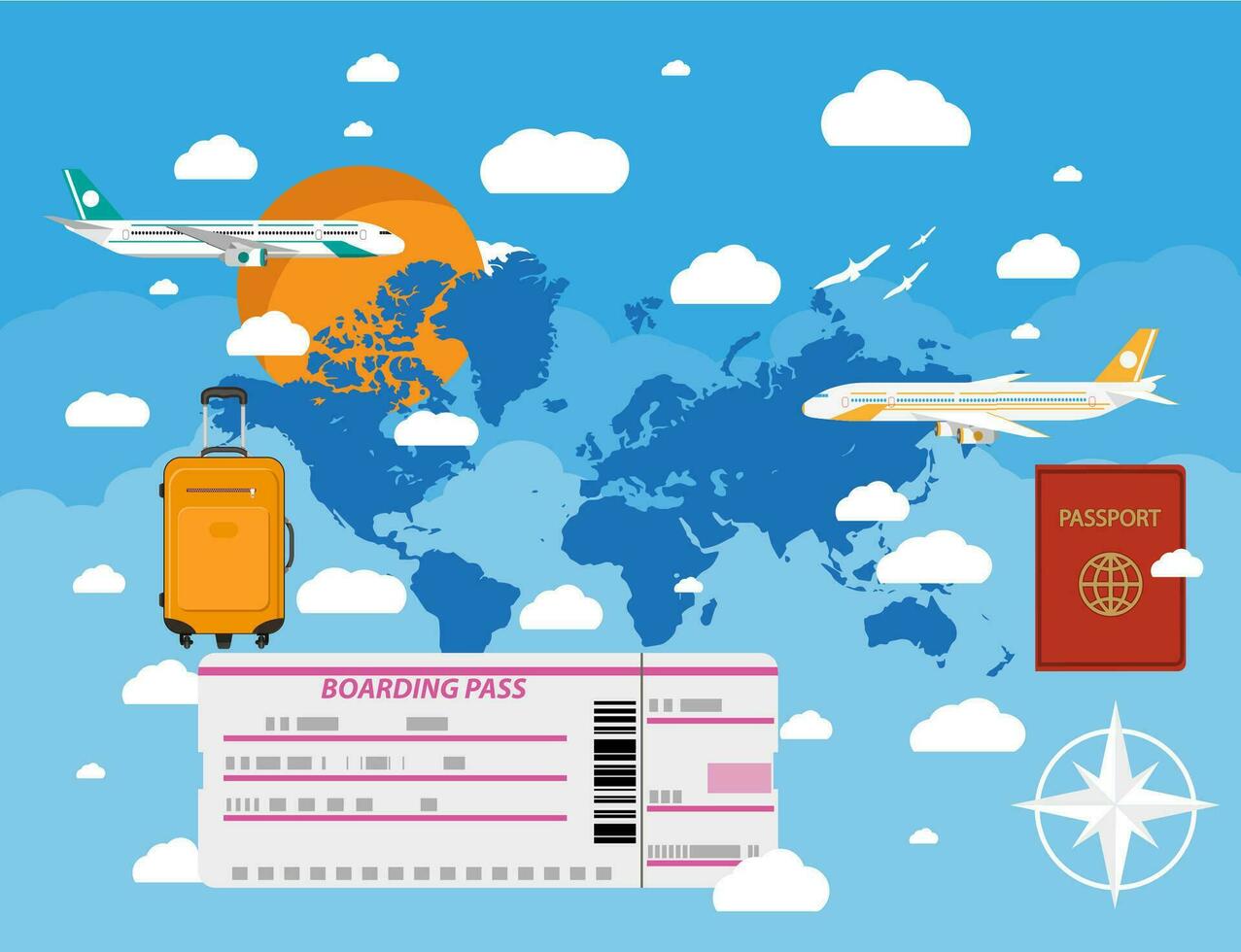 viaje concepto. mundo mapa, avión, sol, bolsa, embarque aprobar, pasaporte en el cielo con nubes en azul antecedentes. vector ilustración en plano diseño