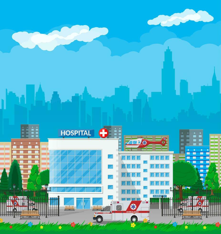 Hospital building, medical icon. Healthcare, hospital and medical diagnostics. Urgency and emergency services. Road, sky, tree. Car and helicopter. Vector illustration in flat style