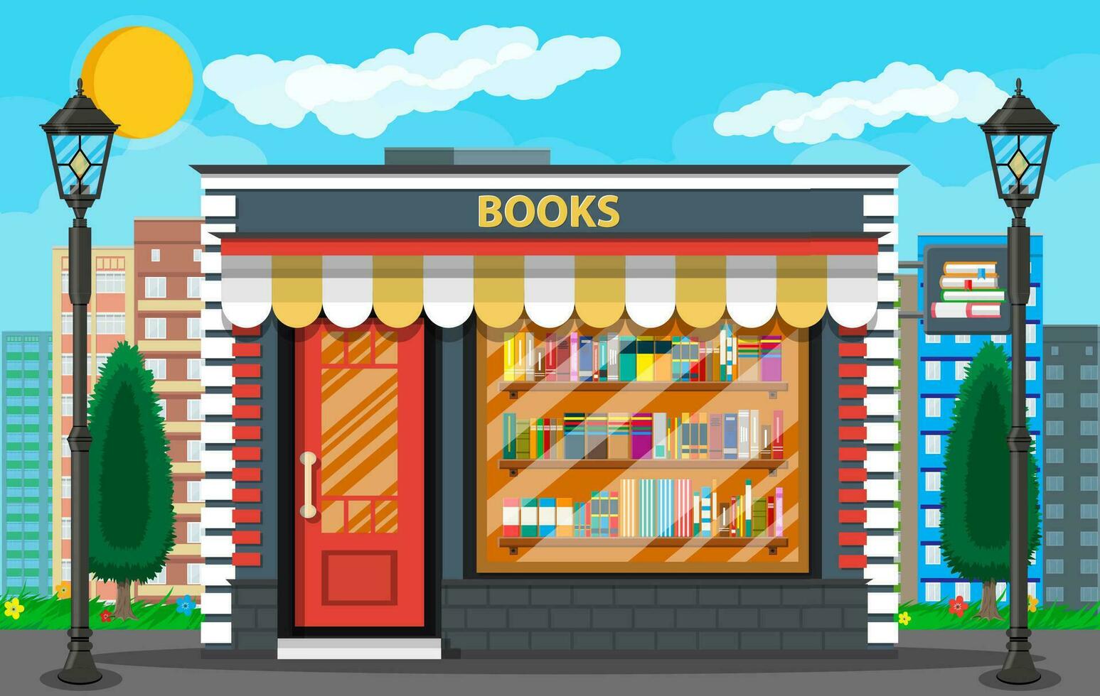 Book shop or store building exterior. Library book shelf. Bookcase with different books. Cityscape, buildings, sun, clouds. Vector illustration in flat style