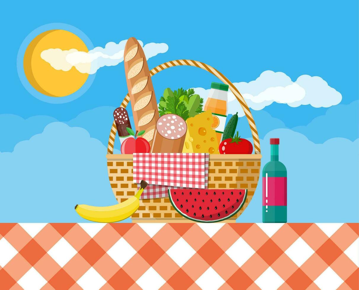 WIcker picnic basket with gingham blanket full of products. Bottle of wine, sausage, bacon, cheese, apple, tomato, cucumber, salad, orange juice. Vector illustration in flat style