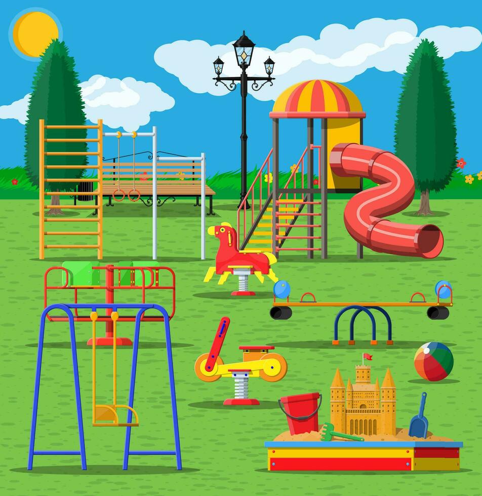 Kids playground kindergarten panorama. Urban child amusement. Slide ladder, rocking toy on spring, slide tube, swing carousel balancer, sandbox bucket rake castle scoop. Vector illustration flat style