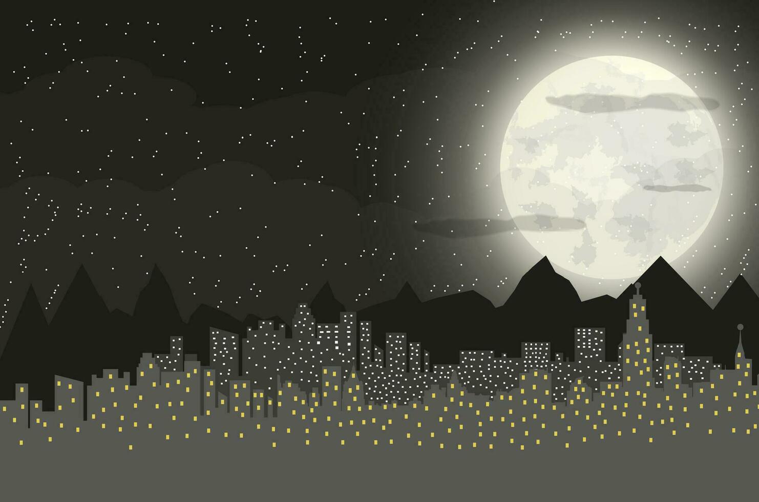 silueta de el ciudad y montañas con nublado noche cielo, estrellas y lleno Luna. vector ilustración