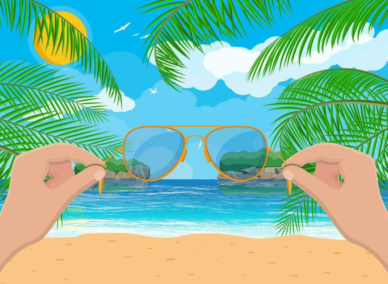 Hand with sunglasses. Landscape of palm tree on beach. Sun with reflection in water and clouds. Day in tropical place. Vector illustration in flat style