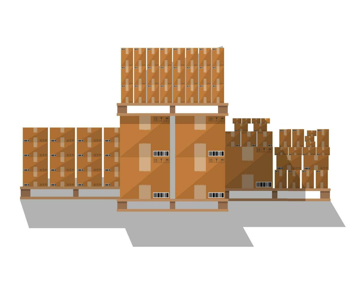 conjunto de cerrado marrón caja de cartón entrega cajas en varios tamaños con frágil señales y código de barras en de madera paleta con sombra. vector ilustración en plano diseño aislado en blanco antecedentes