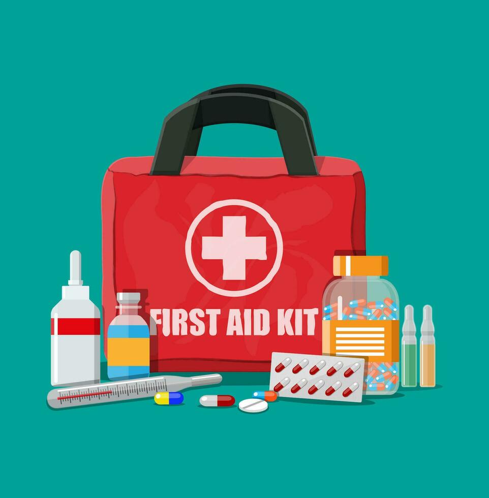 Medical first aid kit with different pills and thermometer. Healthcare, hospital and medical diagnostics. Urgency and emergency services. Vector illustration in flat style