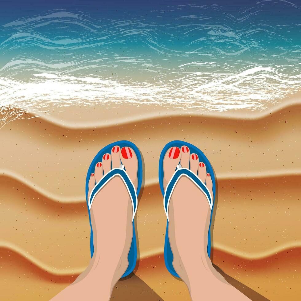 Female legs with red pedicure in flip flops on sand beach and sea. Vector illustration