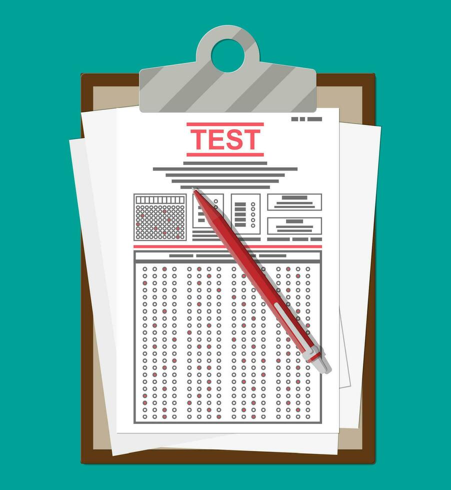 Clipboard with survey or exam forms and pen. Answered quiz papers, pile of sheets with education test. Checklist or questionnaire document. Vector illustration in flat style