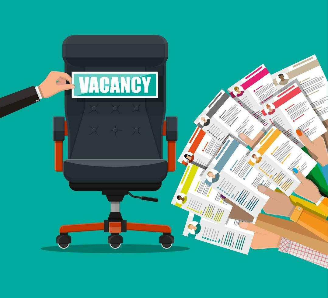 Office chair and sign vacancy in hand of boss. Hiring and recruiting. Human resources management concept, searching professional staff, work. Found right resume. Vector illustration in flat style