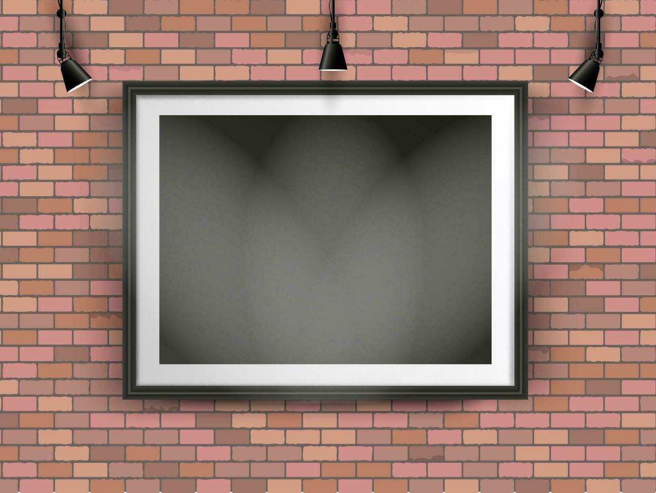 Black picture photo frame on red bricks wall backgound with lamps, vector illustration