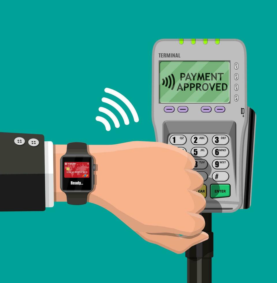 Smart watch contactless payments. Smartwatch on hand and POS terminal. Wireless, contactless or cashless payments, rfid nfc. Vector illustration in flat style