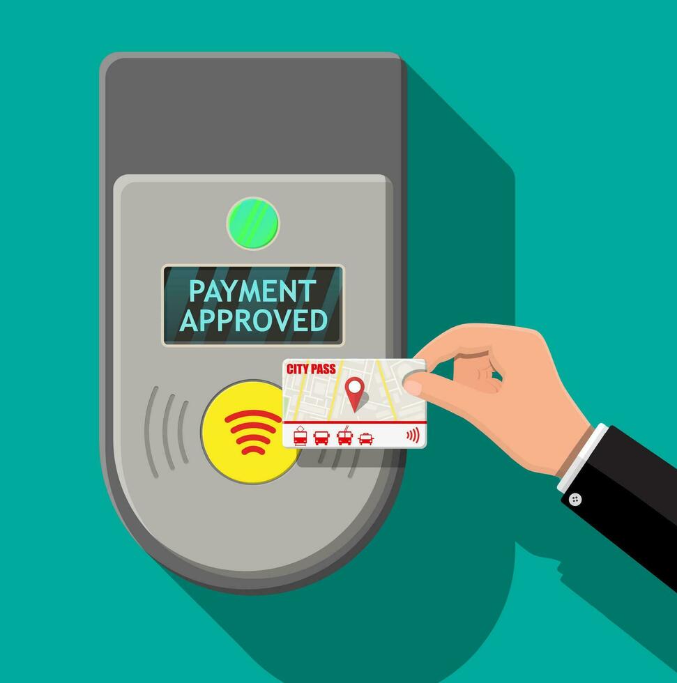 Hand holding transport card near terminal. Airport, metro, bus, subway ticket terminal validator. Wireless, contactless or cashless payments, rfid nfc. Vector illustration in flat style