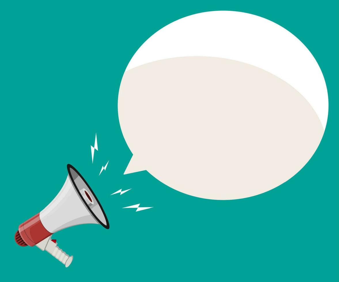 Loudspeaker or megaphone and speech balloon. Announcement element. Vector illustration in flat style