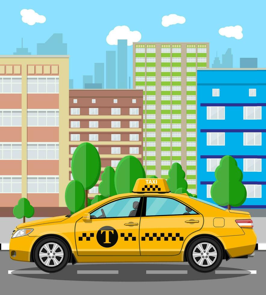 Urban cityscape with taxi cab. vector illustration in flat style