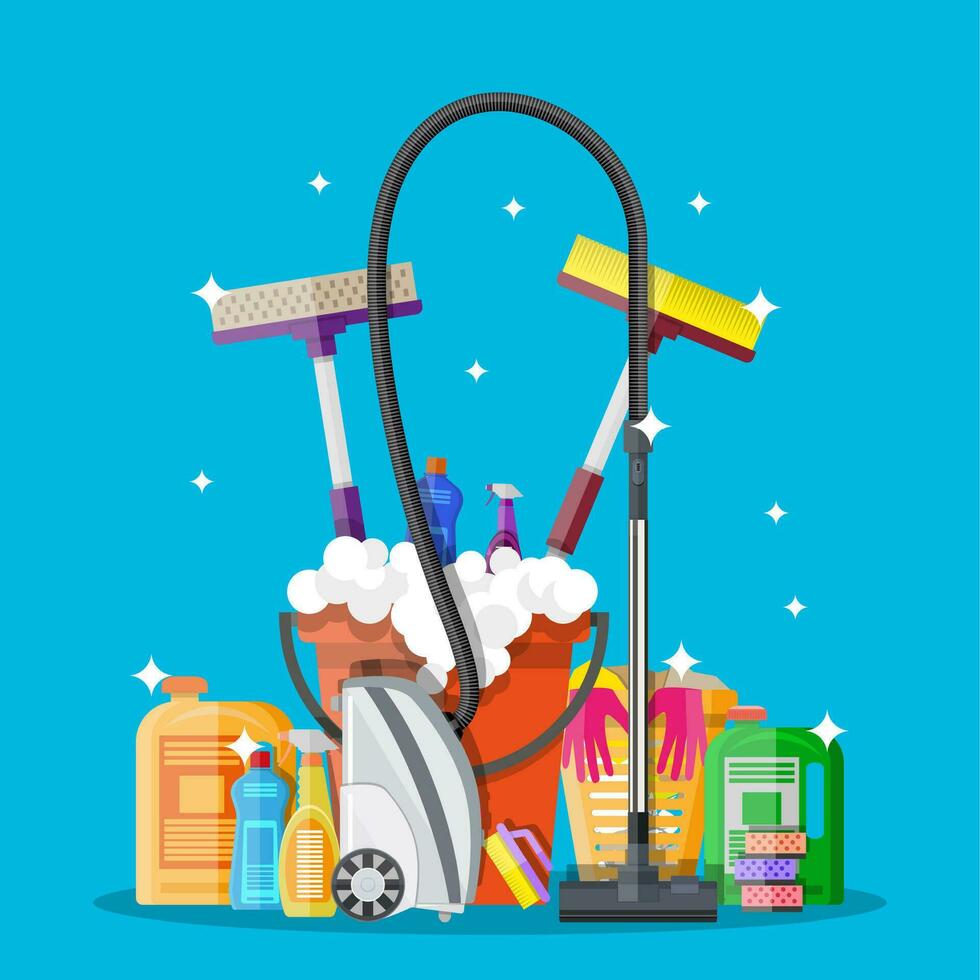 Cleaning set. mop, sponge, bucket, cleaning products in bottle for floor and glass, rubber gloves, vacuum cleaner. vector illustration in flat design on blue background