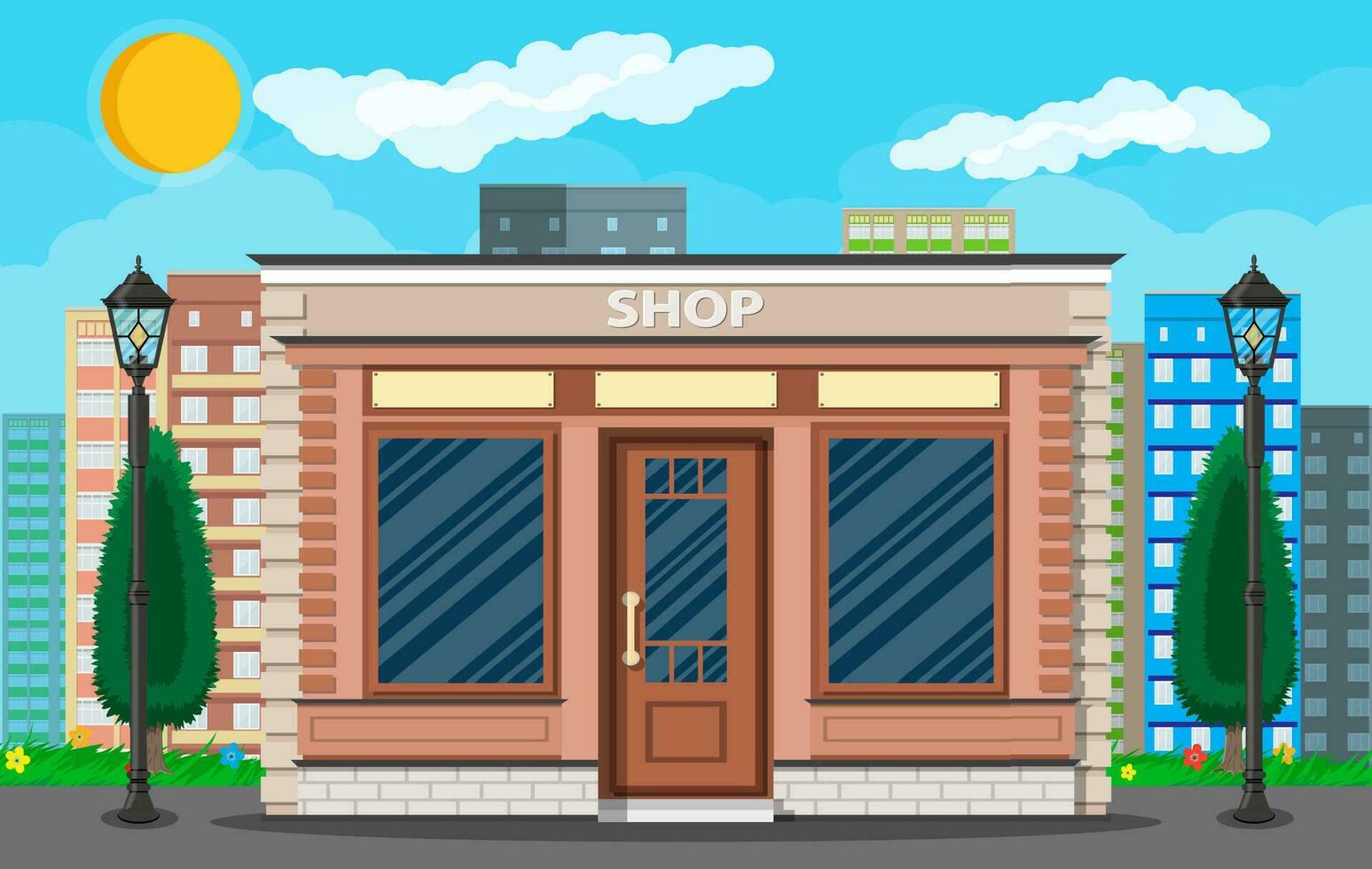 Generic shop exterior on the city street. Wooden and bricks material. Commercial, property. Cityscape, buildings, sun, clouds. Vector illustration in flat style