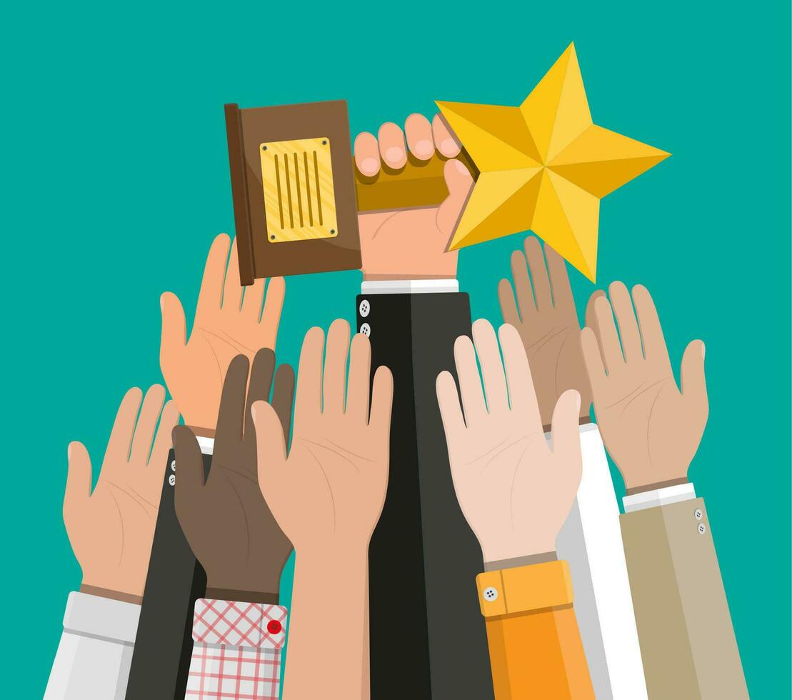 Trophy winner gold cup with wooden base in hand. Star shape. Award, victory, champion achievement. Vector illustration in flat style