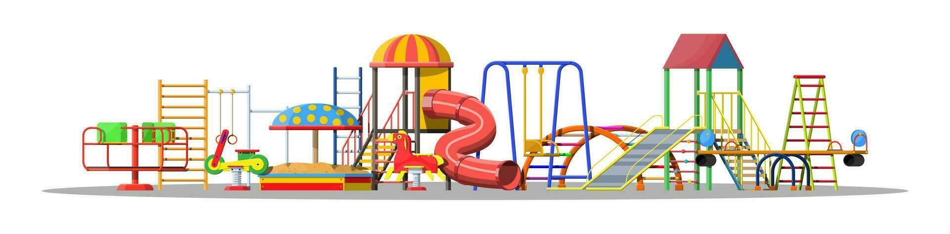 Kids playground kindergarten set. Urban child amusement. Slide ladder, rocking toy on spring, slide tube, swing, carousel, balancer, sandbox, bucket rake ball scoop. Vector illustration flat style