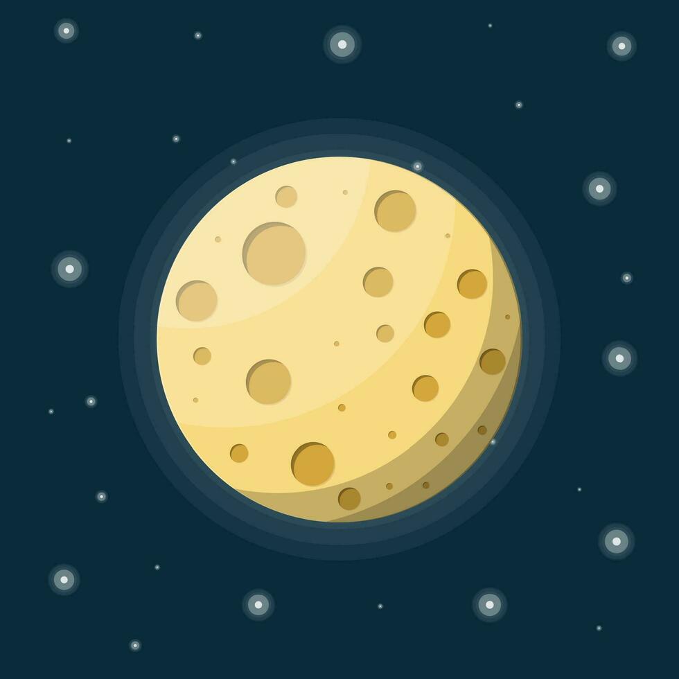 Luna llena en noche cielo con estrellas. Luna satélite de tierra con cráteres. astronomía, ciencia, naturaleza. espacio exploración. vector ilustración en plano estilo