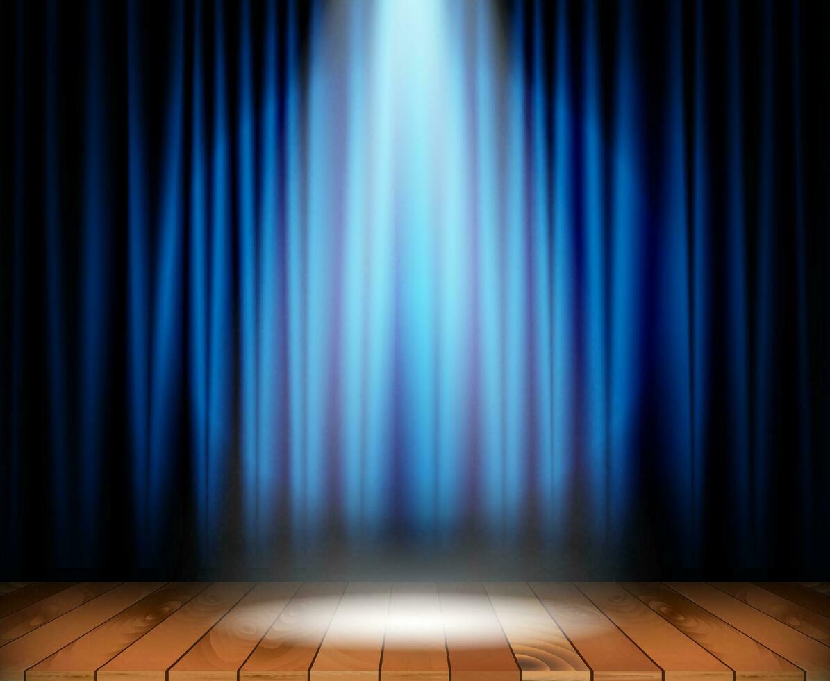 Theater stage with wooden floor and blue curtain and a spotlight in center. Vector illustration