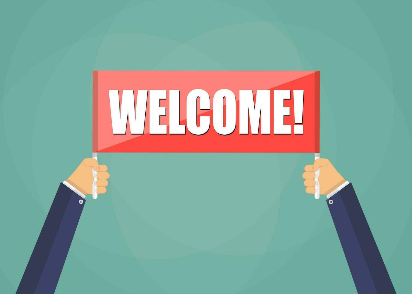 Human hands holding red plate with word Welcome, vector in flat style on green backgroundillustration