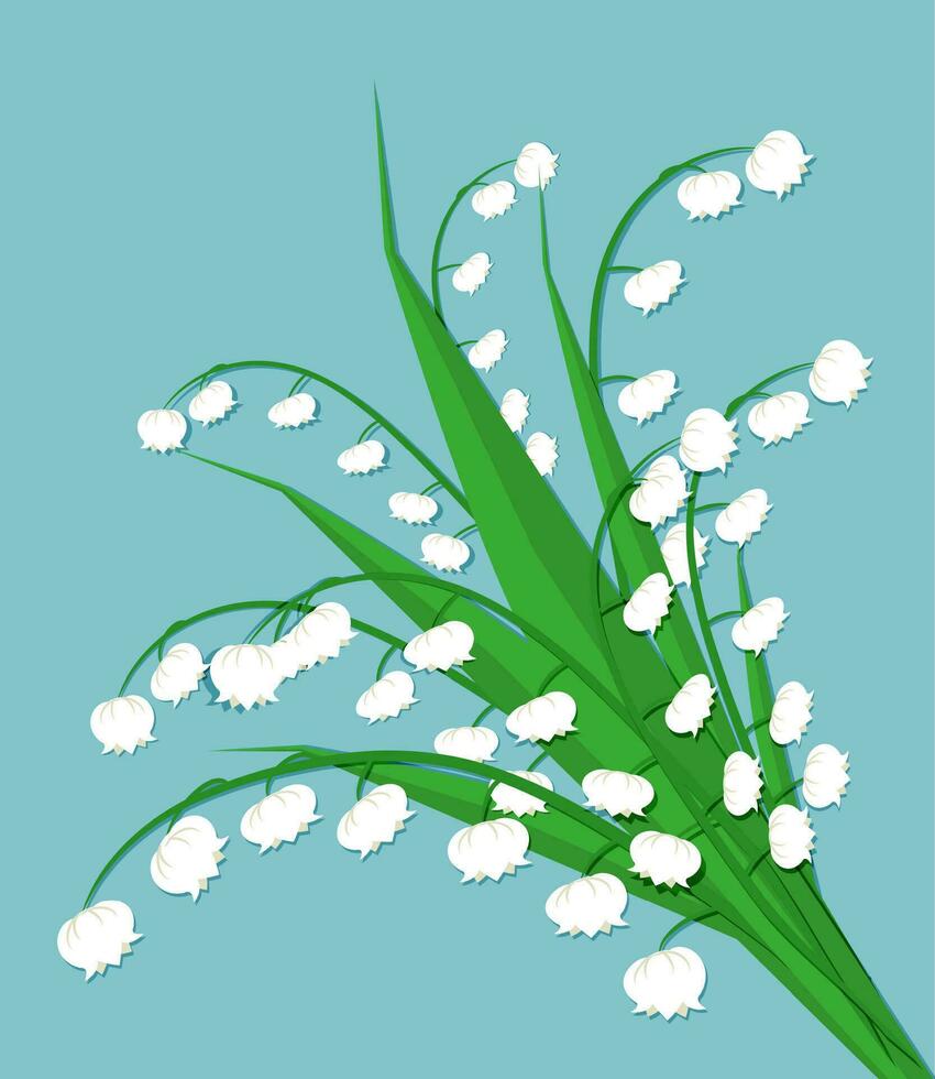 lirio de el valle, linda ramo de flores de flores primavera flores, blanco flores, primavera ramo de flores a azul antecedentes. vector ilustración en plano diseño