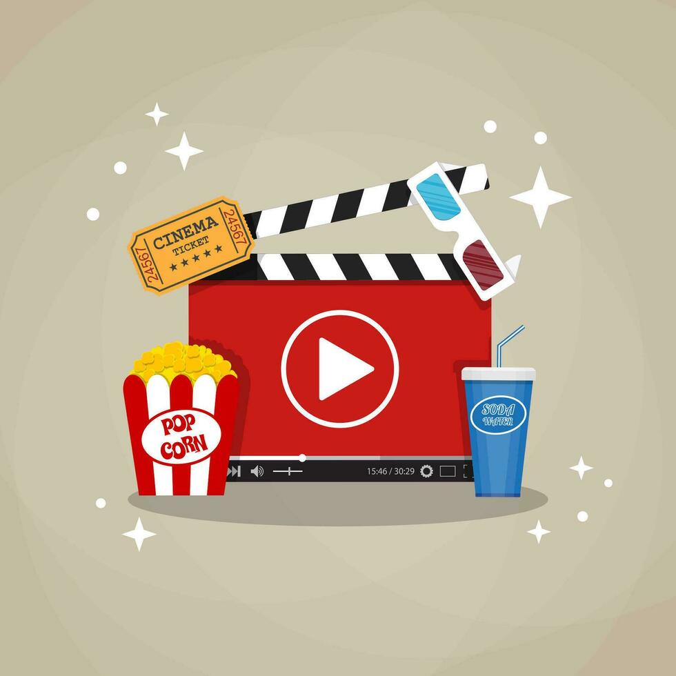 Online home cinema concept. cinema clapperboard with running online video player, soda water in glass, popcorn and 3d stereo glasses, retro cinema ticket. vector illustration in flat style.