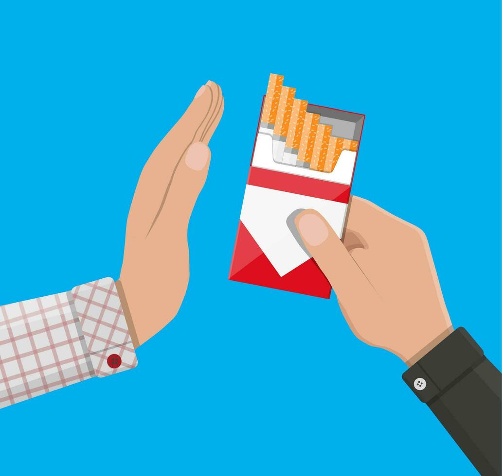 Tobacco abuse concept. Hand gives box of cigarette to other hand. No smoking. Rejection, proposal smoke. Vector illustration in flat style.