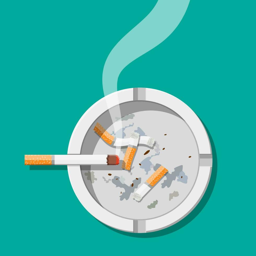 White ceramic ashtray full of smokes cigarettes. Crockery for smoking. Top view. Vector illustration in flat style