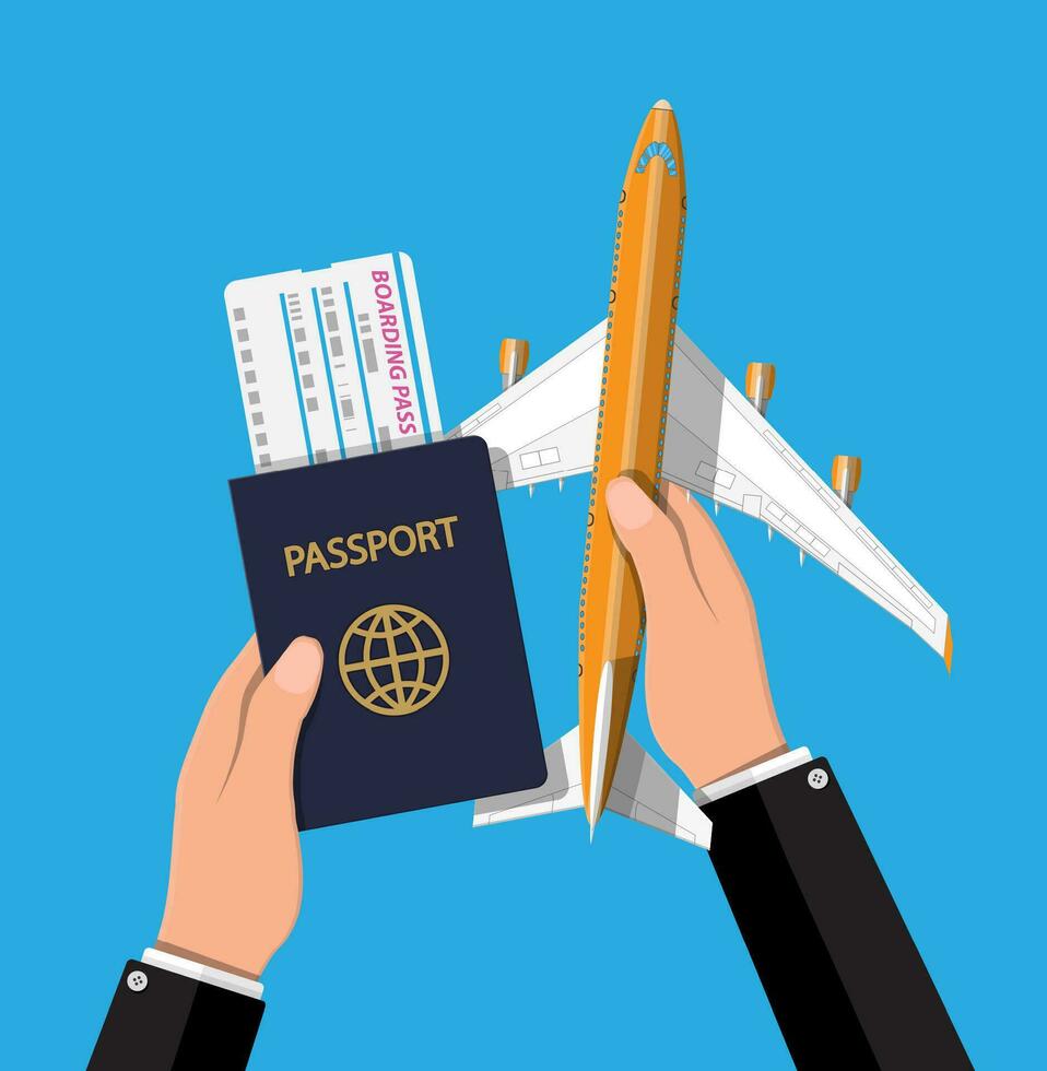 Airplane top view. Passenger or commercial jet, boarding pass and passport in hand. Sky with clouds. Aircrfat in flat style. Journey or vacation concept, business trip. Vector illustration