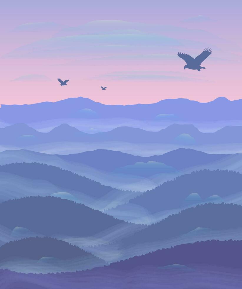 Panorama of hills. Sunset Mist. Flying eagles. vector illustration