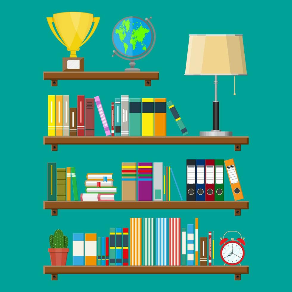 Library wooden book shelf. Globe, lamp, clocks, cactus, cup. Bookcase with different books. Vector illustration in flat style