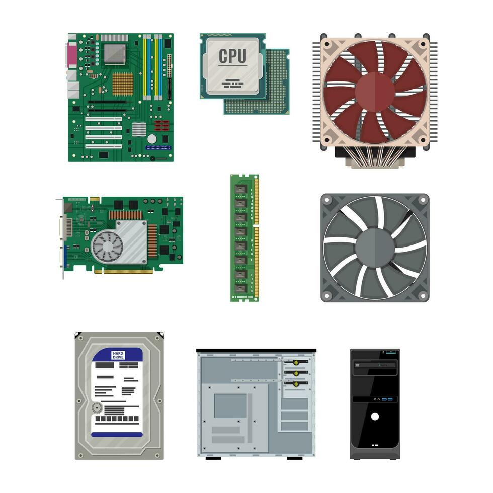 Motherboard, hard drive, cpu, fan, graphic card, memory, screwdriver and case. Set of personal computer hardware. PC components icons. Vector illustration in flat style