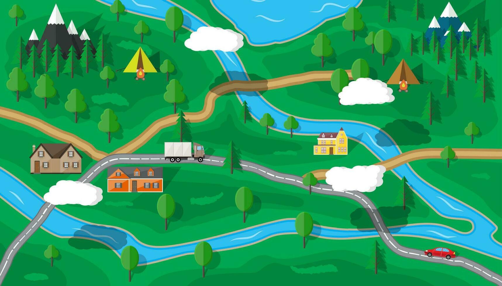 Suburban map with houses with car, trees, road, river, mountain, sky and clouds. Village. Vector illustration in flat style