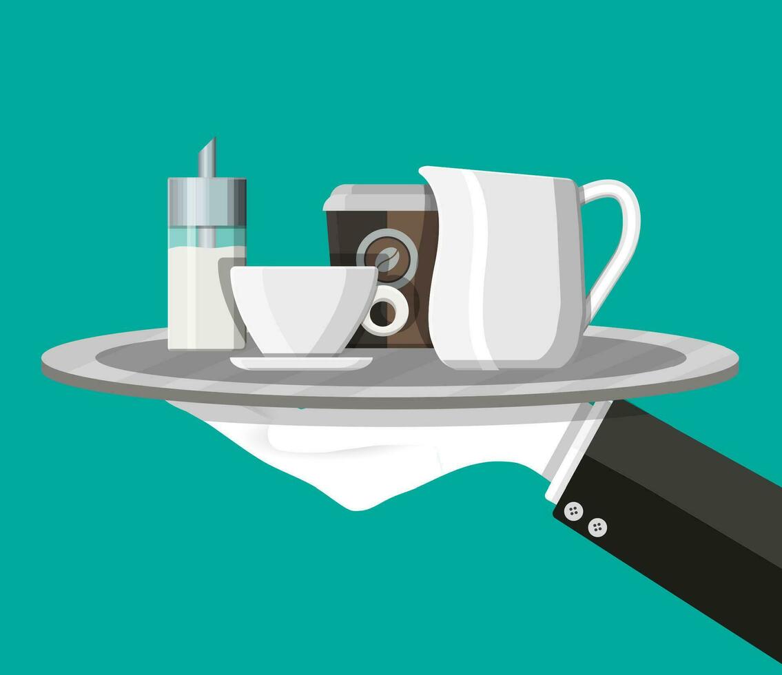 Coffee on saucer, milk jug, sugar dispenser and paper coffee cup on plate in hand of waiter. Vector illustration in flat style