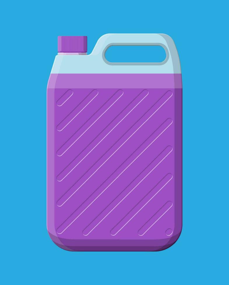 Bottle with liquid detergent. Canister with cleaner. Dishwashing. Plastic bottle with dispenser for cleaning products. Vector illustration in flat style