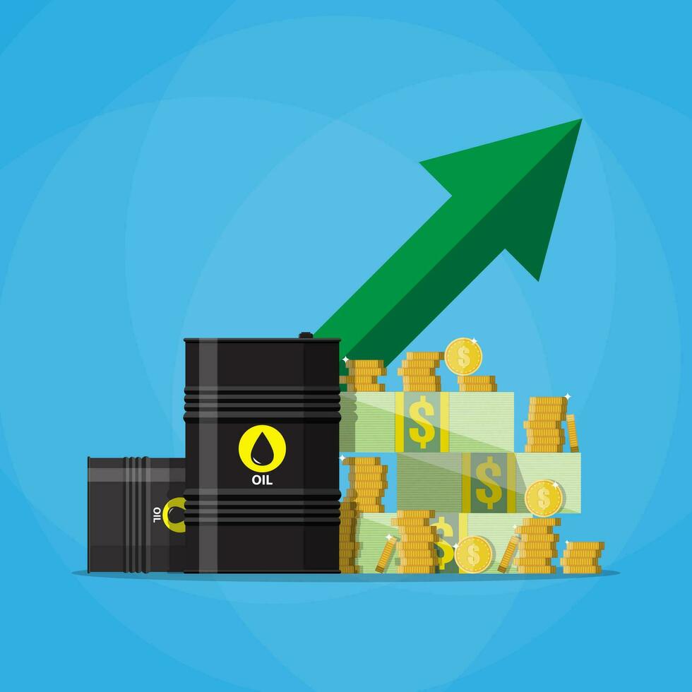 apilar de dolares y monedas en petróleo barril. verde gráfico grafico flecha señalando arriba, petróleo industria. vector ilustración en plano estilo en azul antecedentes