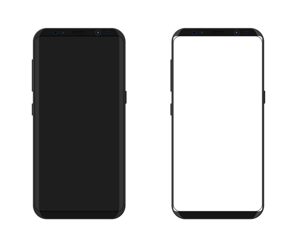 New generation smartphone with frameless edge display. White blank and original screen. Phone electronic device with touchscreen. Vector illustration in flat style