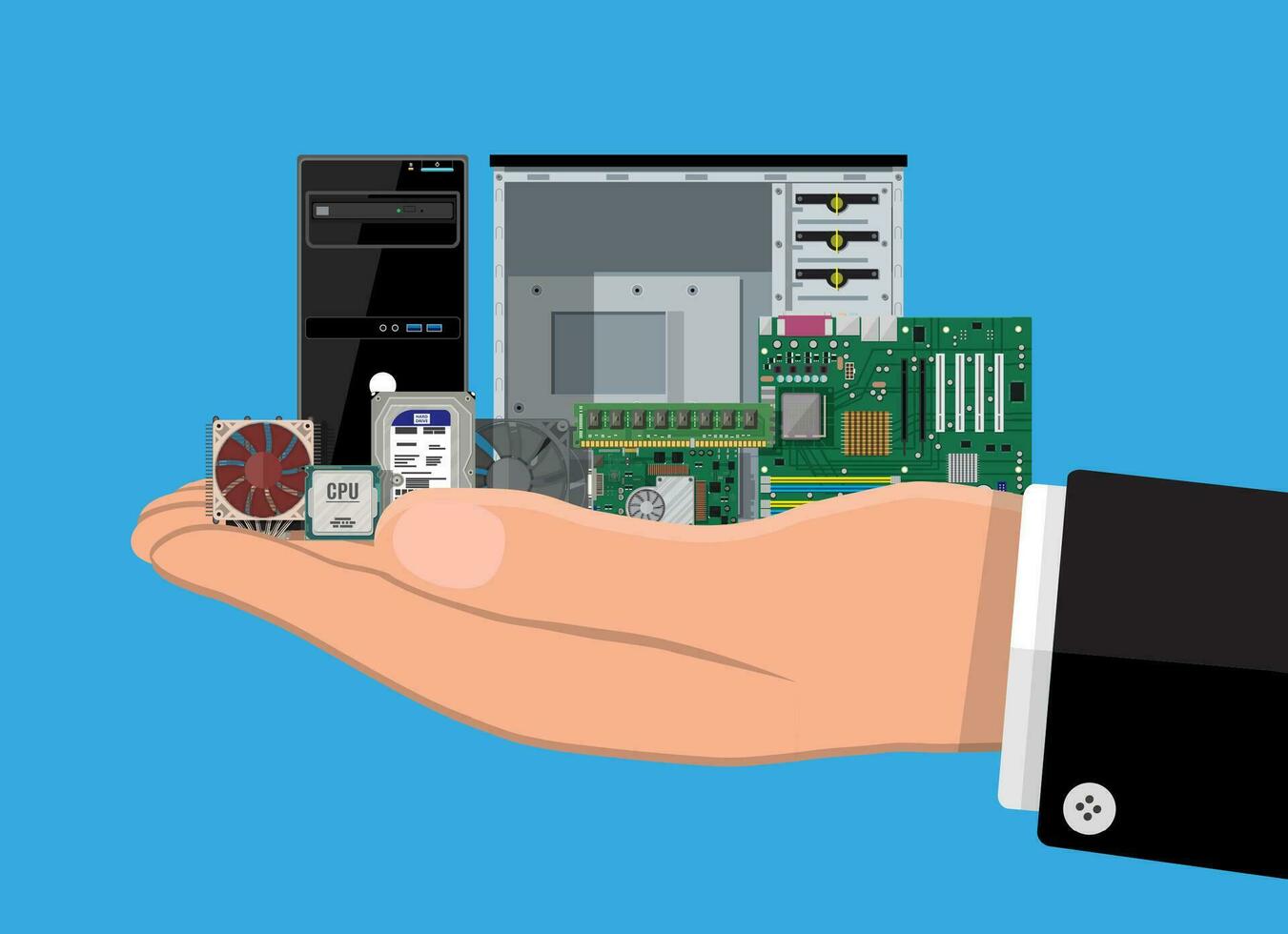 Motherboard, hard drive, cpu, fan, graphic card, memory, screwdriver and case. Set of personal computer hardware in hand. PC components icons. Vector illustration in flat style