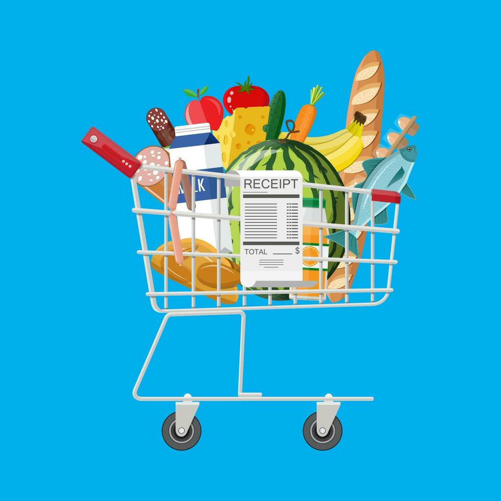 Shopping cart full of groceries products and receipt. Grocery store. Supermarket. Fresh organic food and drinks. Vector illustration in flat style