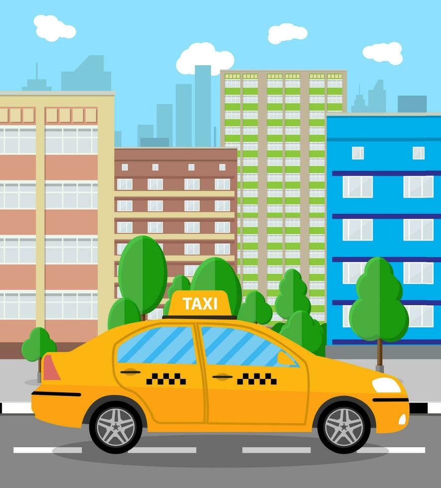 urbano paisaje urbano con Taxi taxi. vector ilustración en plano estilo